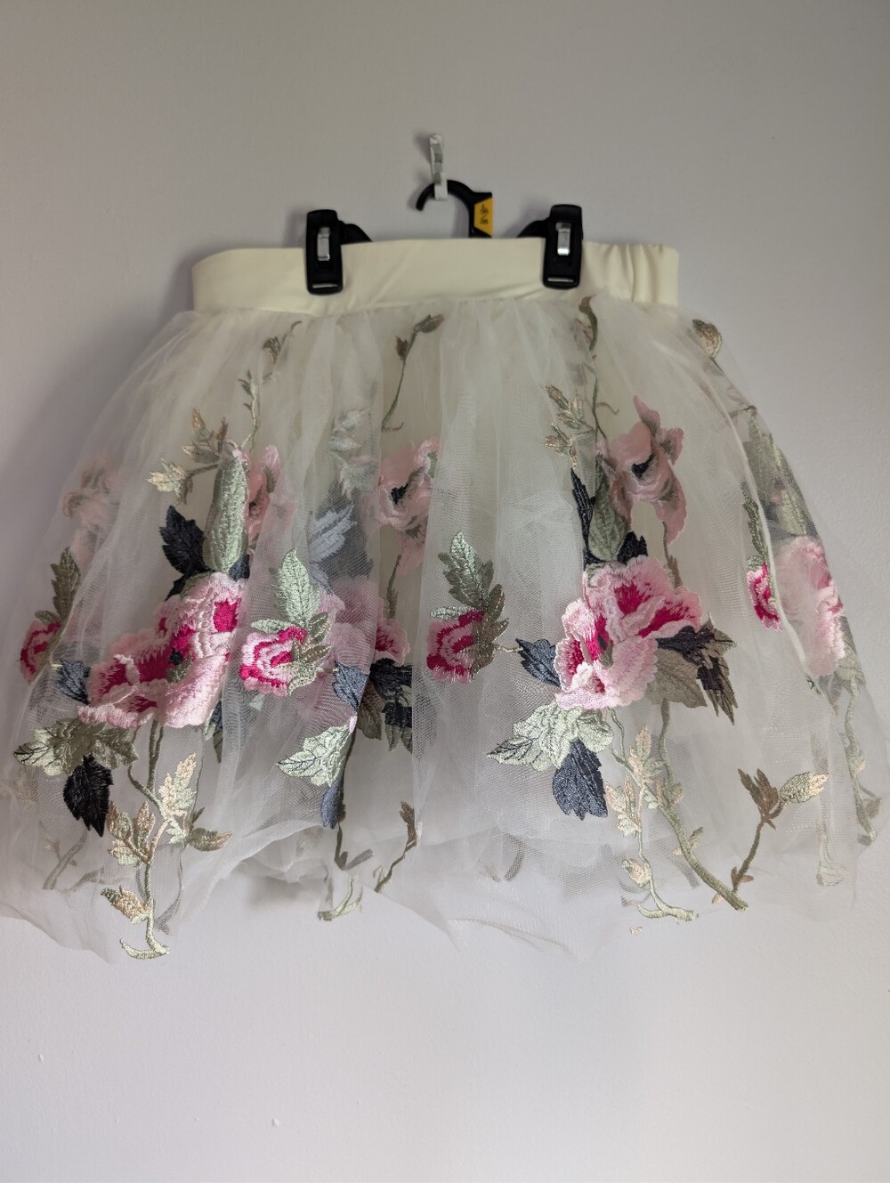 Weissman White Tulle Skirt with Pink Floral Embroidery